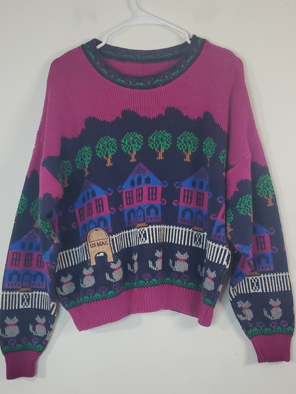 Vintage 80s Sutton Place Cats Village Motif Women’s Sweater Novelty - Picture 1 of 11
